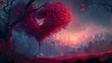 A stunning anime-inspired tree adorned with hearts in vibrant magenta hues, illuminated by bursts of fiery fireworks, evoking a sense of enchantment and love