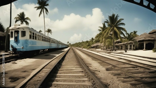 train on the railway vacation train that travels through a tropical paradise. The train is white and blue, 