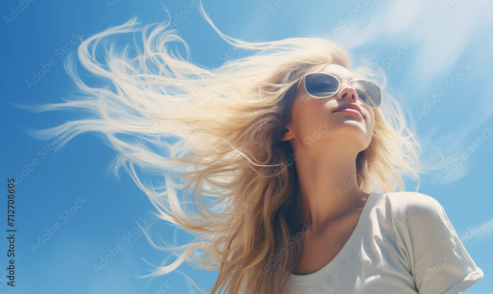  portret młodej blondynki z długimi włosami cieszącej się jasnym światłem słonecznym na tle błękitnego nieba - obrazy, fototapety, plakaty 