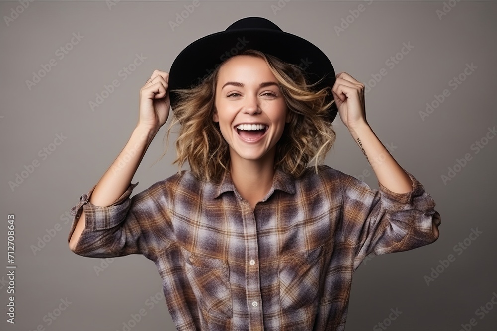 Portrait of a happy young woman in hat, over grey background Portrait of a happy young woman in hat, over grey background