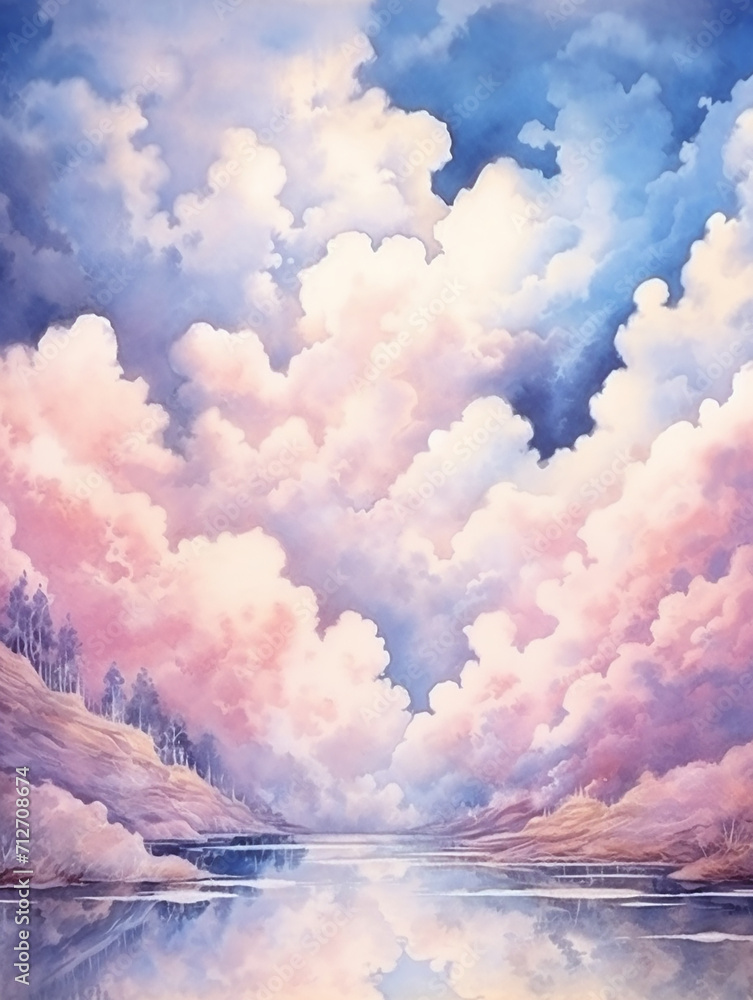 Watercolor sky with pink and blue clouds