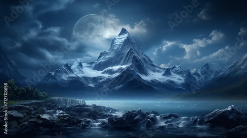 A moonlit mountain ridge, with snow-capped peaks shimmering in the celestial light, forming a stunning nocturnal panorama. -Generative Ai 