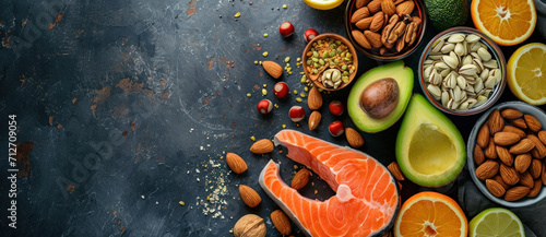 A spread of heart-healthy foods: salmon, nuts, and avocados, rich in omega-3 and good fats, on a dark slate