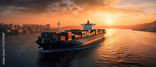 Cargo ship laden with containers cuts through calm waters at sunrise, against a backdrop of waking city photo
