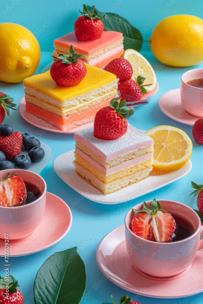 Layered cakes with strawberries and lemon slices, tea, and fresh berries Layered cakes with strawberries and lemon slices, tea, and fresh berries