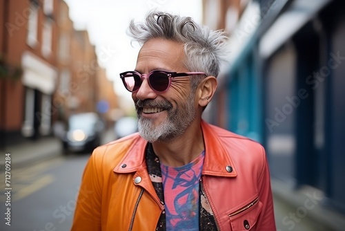 Portrait of handsome senior man with grey hair and sunglasses in the city