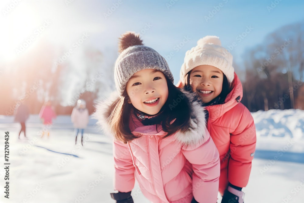 two asian kid girls friends skating on ice frozen, sunny day