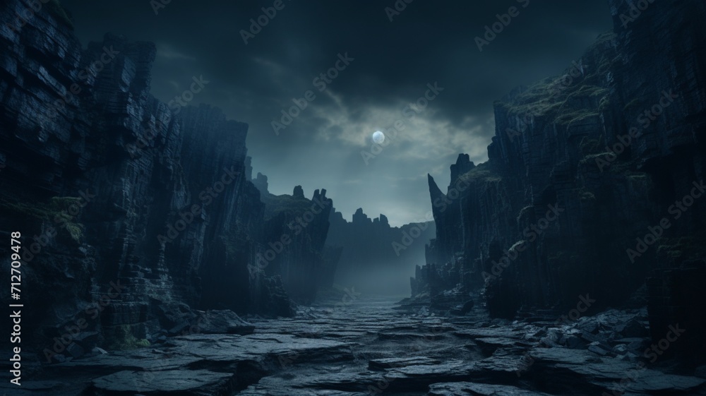A moonlit ridge adorned with weathered rock formations, creating a stark and haunting silhouette against the night sky -Generative Ai
