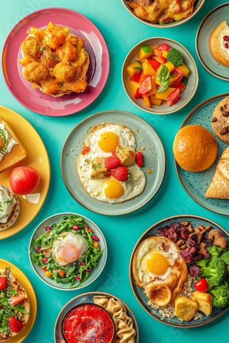 Assorted breakfast dishes artistically presented on a vibrant table