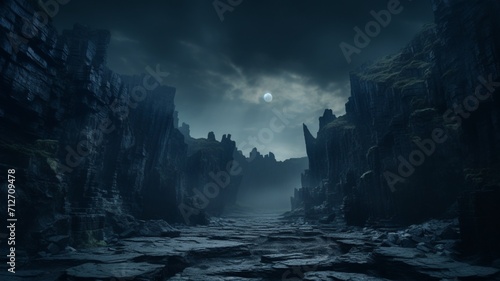 A moonlit ridge adorned with weathered rock formations, creating a stark and haunting silhouette against the night sky -Generative Ai 