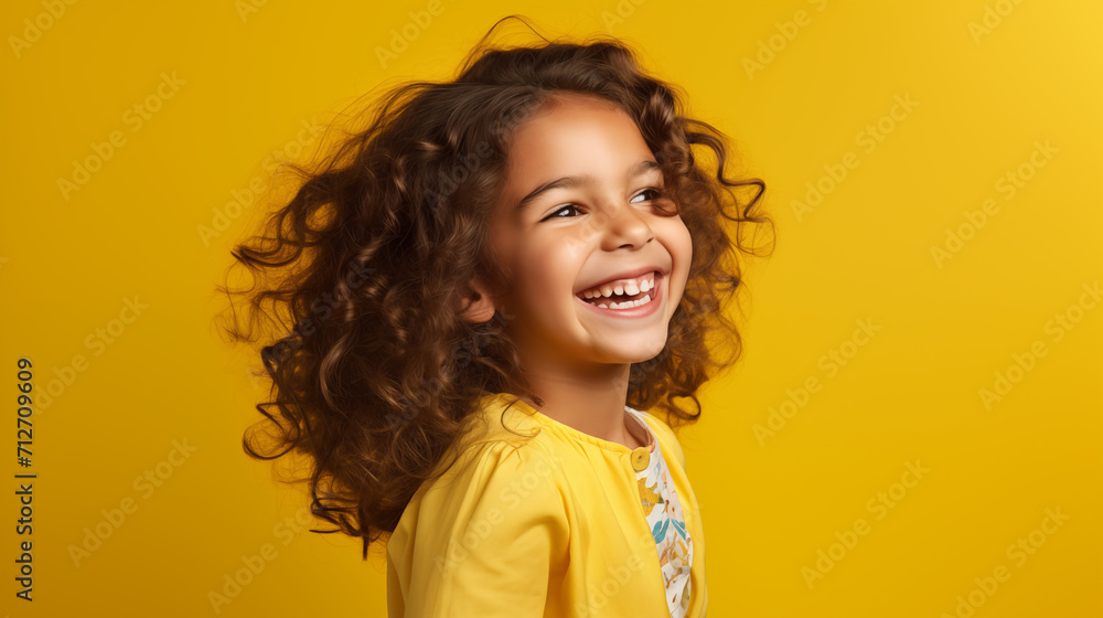  Portret studyjny dziecka uśmiechającego się na żółtym tle - obrazy, fototapety, plakaty 