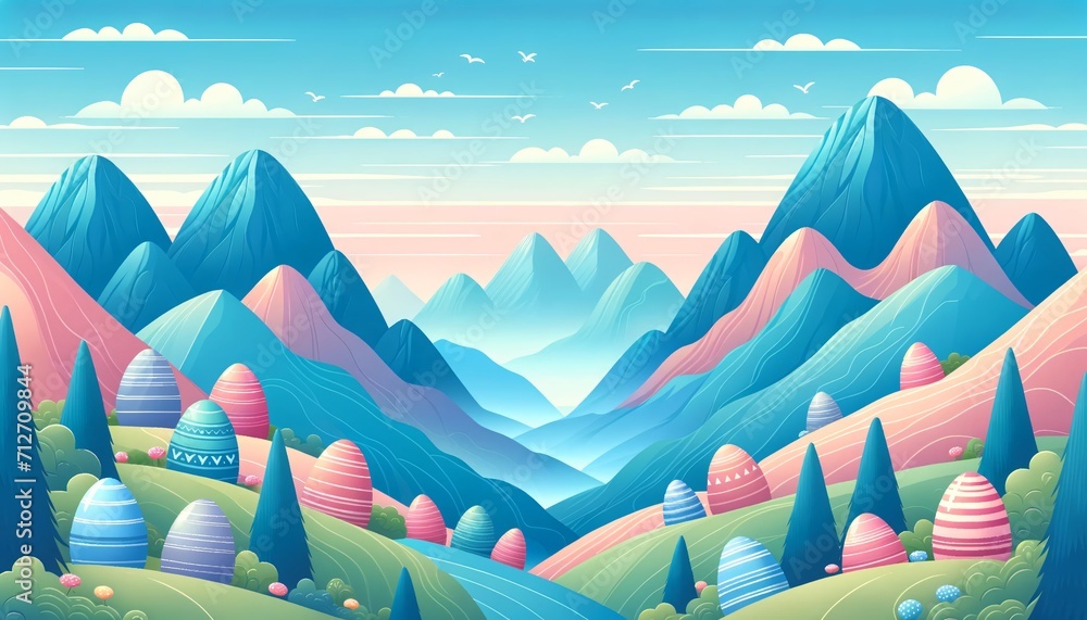 Naklejka premium Stylized digital art of colorful mountains and Easter eggs. Fantasy landscape for wallpaper, game background