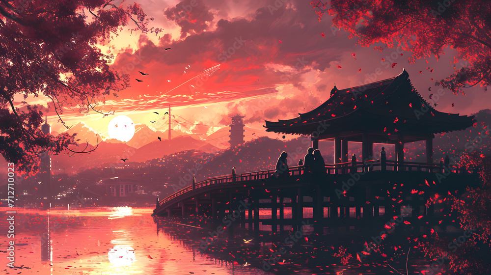 Amidst a serene sunset sky, a majestic pagoda and building stand tall over a tranquil lake, connected by a bridge that reflects the surrounding trees and clouds