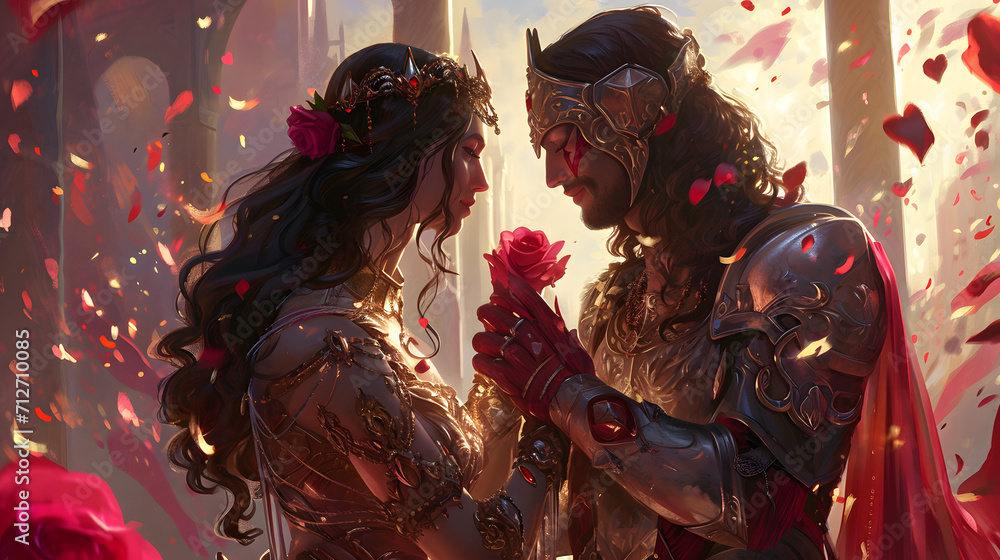 A romantic yet fierce display of love as a knight and warrior stand united, their armor glistening in the sunlight, while a single rose symbolizes the delicate balance between strength and tenderness