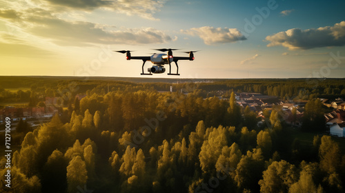 Drone with camera filming landscapes from high above the ground. Surveillance drone inspecting the surroundings. photo