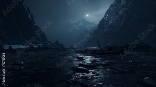 A moonlit valley nestled between towering peaks, with a river snaking through the high-altitude landscape under the cosmic glow -Generative Ai
 photo