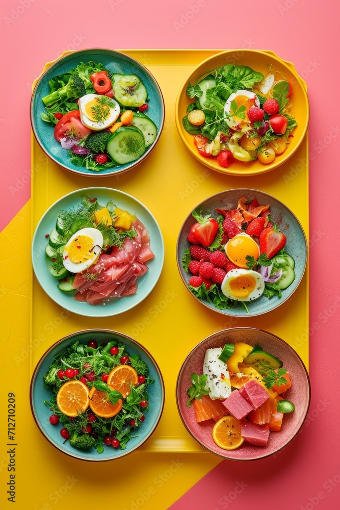 Vibrant salads with eggs and fruits on a bright yellow tray Vibrant salads with eggs and fruits on a bright yellow tray