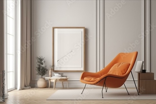 A 3D render of a frame mock-up in a beige interior with an orange lounge chair. Generative AI photo