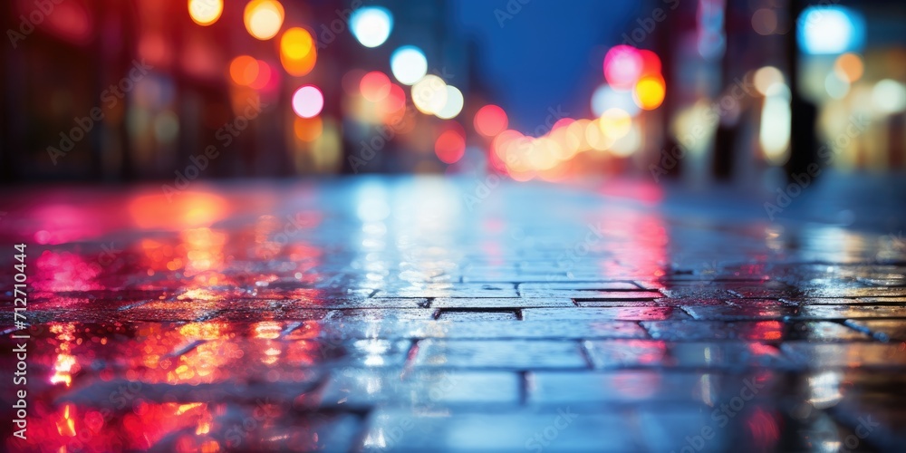 Blurred background of a wet city street at night - obrazy, fototapety, plakaty 