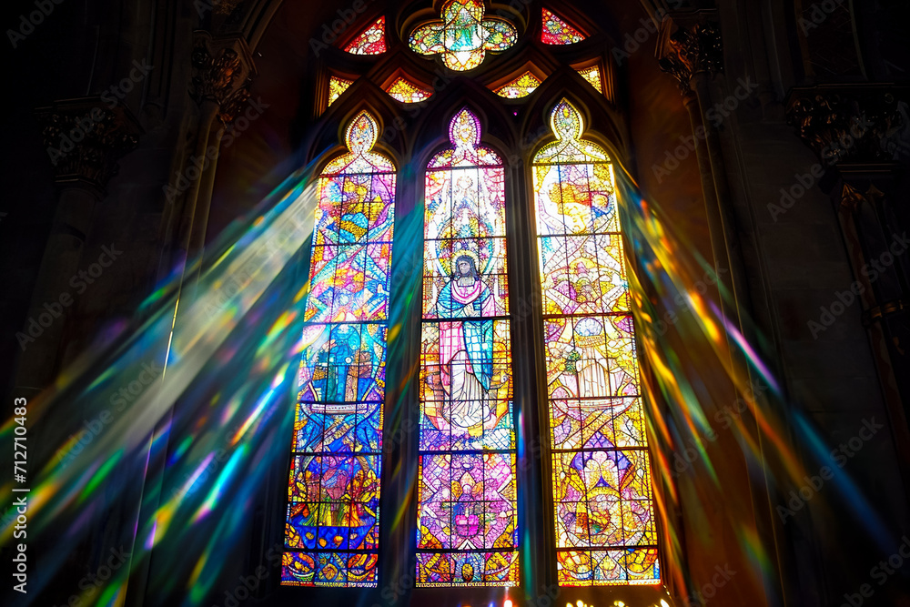 stained glass window with a religious motif and colorful light
