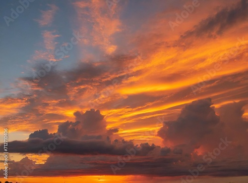 Sunrise on the sky, view from an airplane. Travel background/wallpaper with orange clouds and copy space.