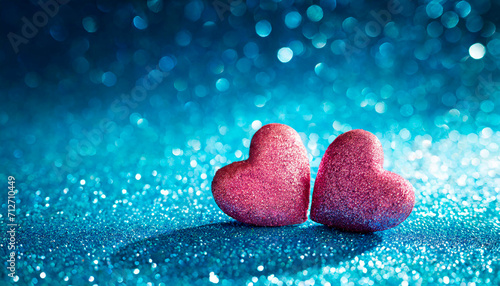 Two Hearts On Blue Glitter In Shiny Background - Valentine s Day Concept