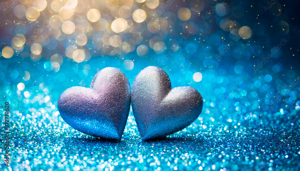 Fototapeta premium Two Hearts On Blue Glitter In Shiny Background - Valentine's Day Concept