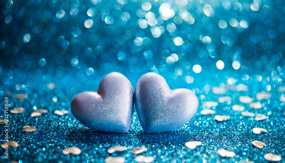Fototapeta premium Two Hearts On Blue Glitter In Shiny Background - Valentine's Day Concept