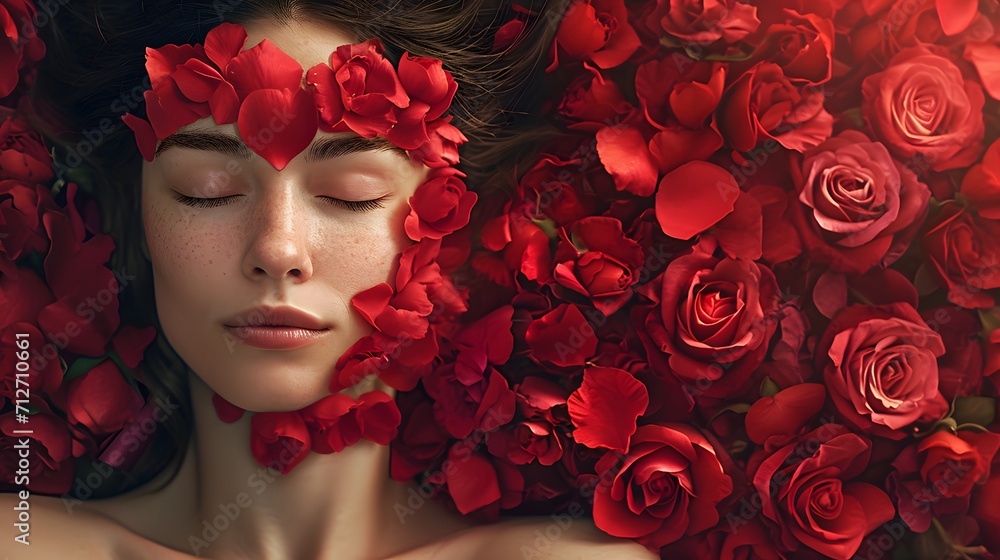 A stylish girl indulges in a romantic valentine's day moment amidst a sea of vibrant red garden roses, basking in the beauty and fragility of the blooming flowers
