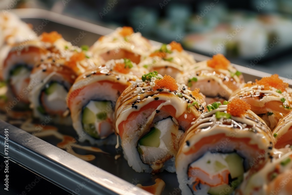 platter of delectable sushi rolls, a savory and satisfying snack that brings the artistry of Japanese cuisine to your table. platter of delectable sushi rolls, a savory and satisfying snack that brings the artistry of Japanese cuisine to your table.
