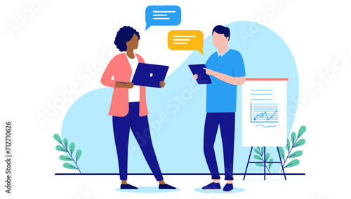 Man and woman work talk - Businesswoman and male person having conversation about work and business with speech bubbles. Flat design vector illustration with white background