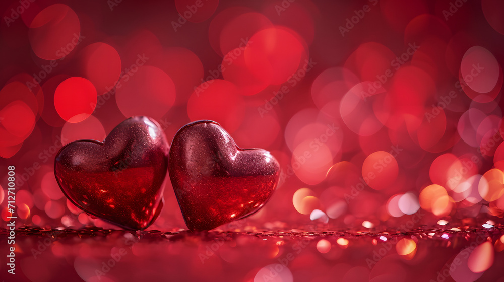 Love's radiance shines bright on valentine's day, with two hearts in a passionate embrace against a bold magenta and red backdrop