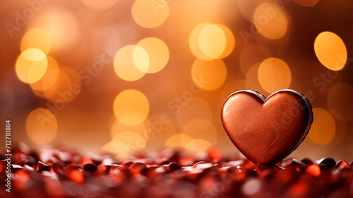 Valentines day composition with chocolate heart on golden bokeh background. Greeting card for Mother's Day, birthday, wedding. Romantic background.