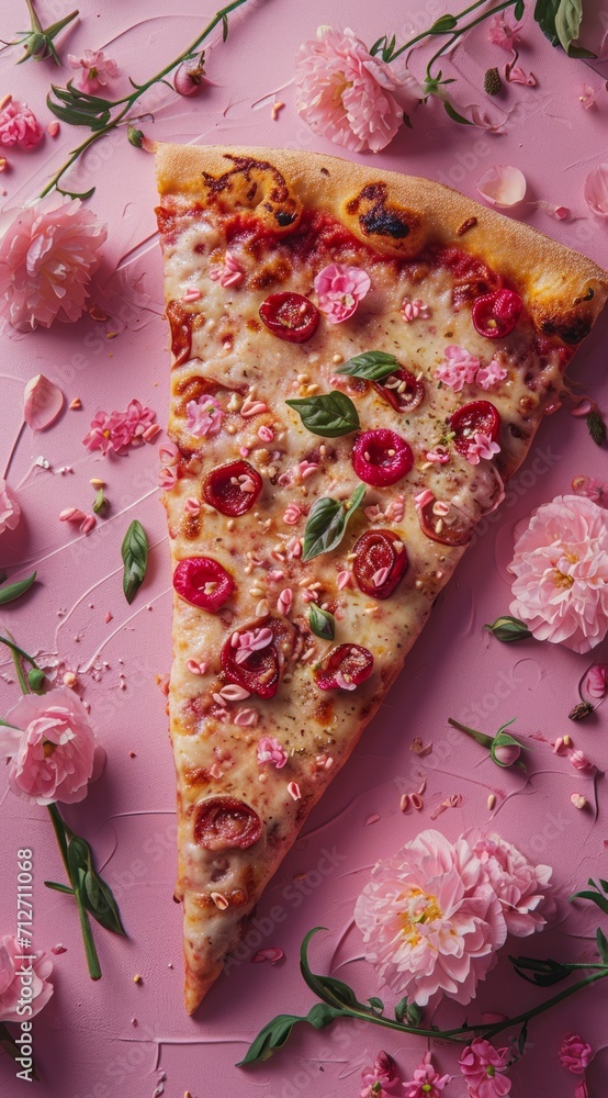 A tantalizing pizza slice surrounded by delicate pink flowers, blending cuisine with florals A tantalizing pizza slice surrounded by delicate pink flowers, blending cuisine with florals