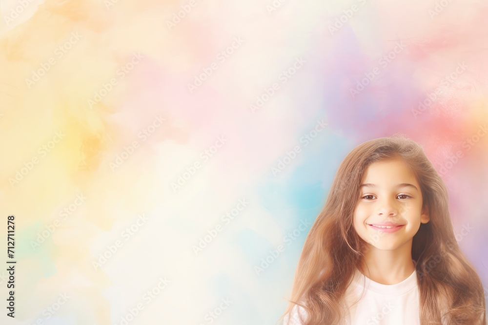 Little Girl With Long Hair Standing in Front of Colorful Background, copy space Little Girl With Long Hair Standing in Front of Colorful Background, copy space