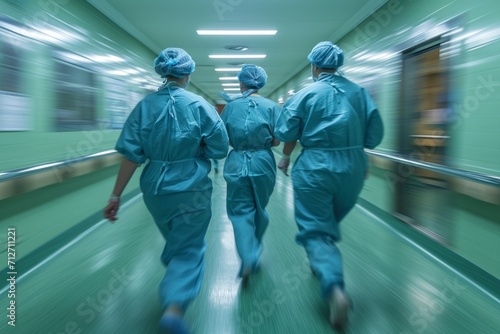 Blurred motion of a medical team walking briskly in hospital corridor