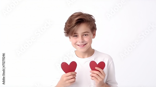 A cute boy is seen grinning and pointing at the camera while holding a small paper heart as part of the Saint Valentine's Day celebration on a white background.