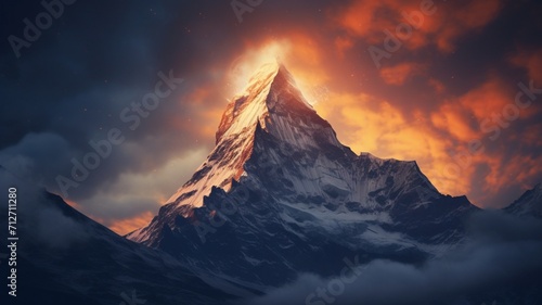 A mountain peak surrounded by swirling clouds at sunrise, with the first light of the day creating a surreal and dreamlike atmosphere -Generative Ai 