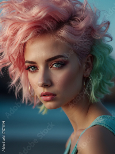 medium shot of an incredibly stunning and astonishing young woman with light pink and green hair and captivating eyes