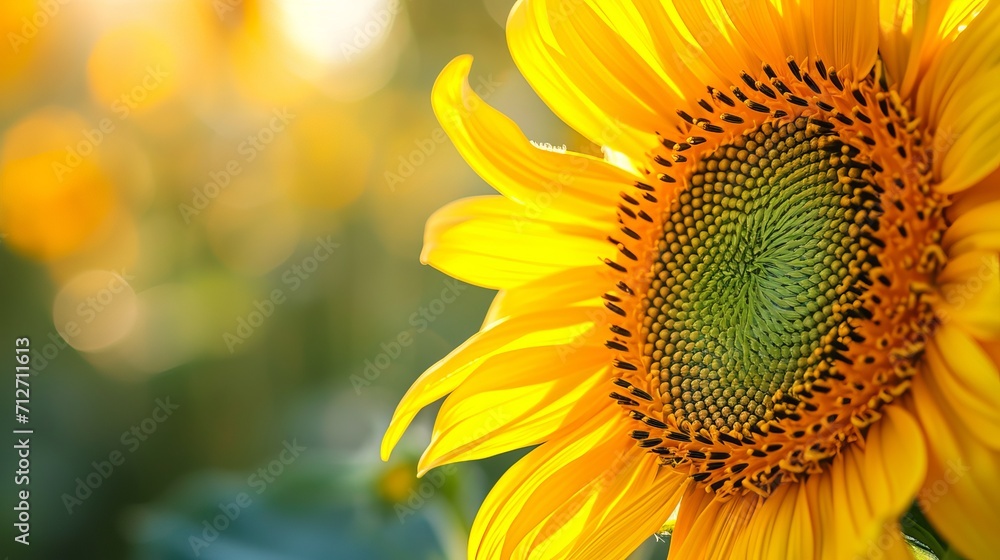 Fototapeta premium An image of a close-up of a sunflower growing in a sunflower field on a pleasant, cloudy summer day