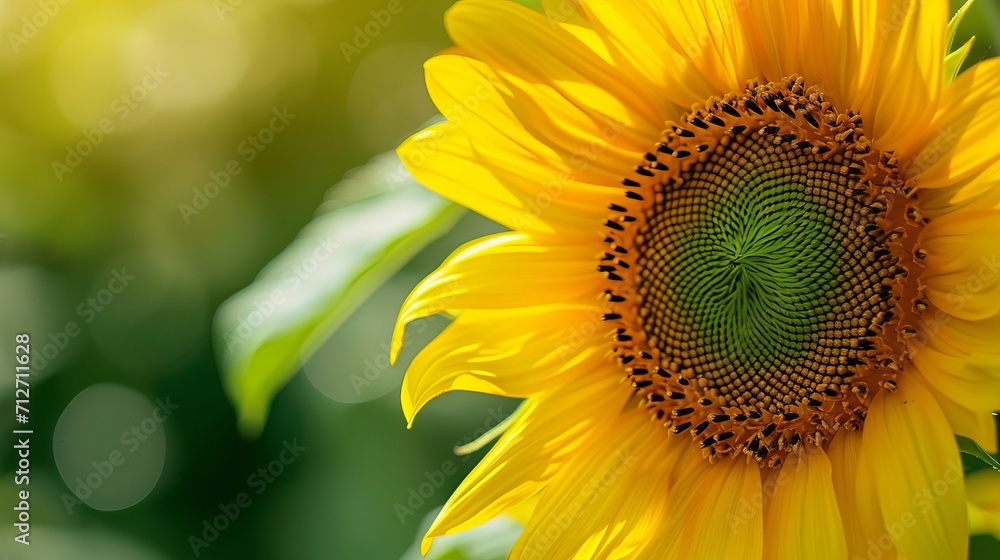 Naklejka premium An image of a close-up of a sunflower growing in a sunflower field on a pleasant, cloudy summer day