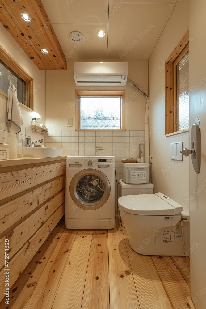 Wooden themed laundry bathroom with modern appliances and natural light Wooden themed laundry bathroom with modern appliances and natural light