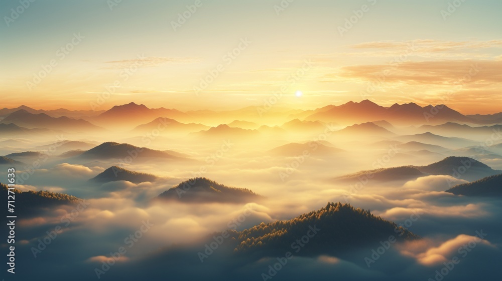 A mountain ridge bathed in the warm glow of a sunrise, with layers of mist weaving through the valleys below  -Generative Ai
