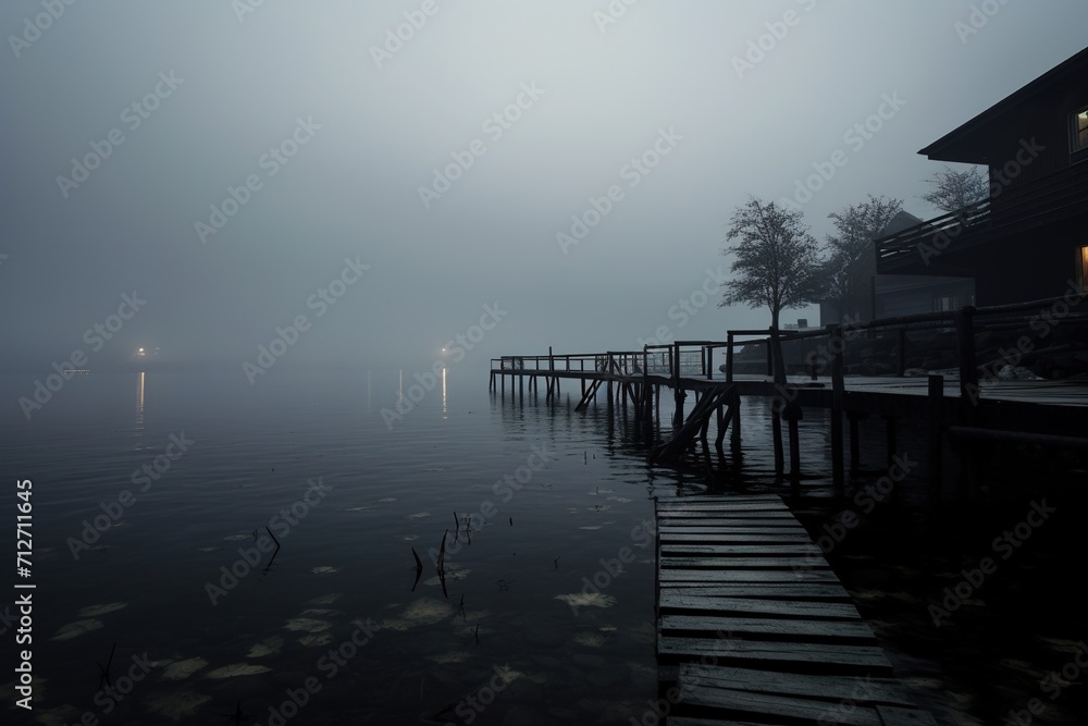 Fototapeta premium Wooden dock jutting into a lake on a foggy day
