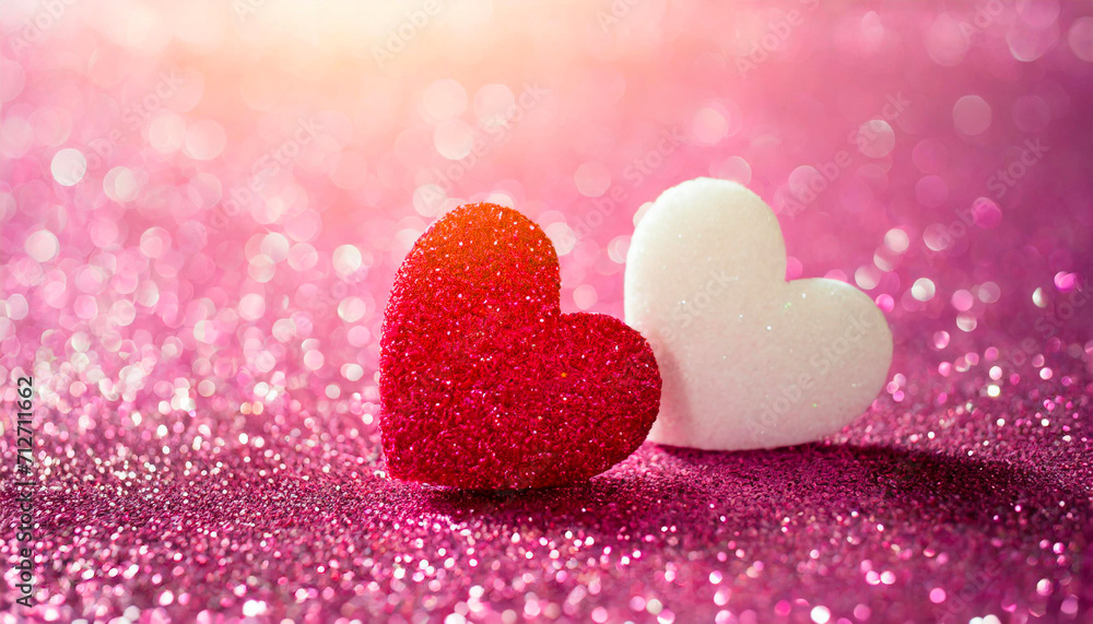 Fototapeta premium Two Hearts On Pink Glitter In Shiny Background - Valentine's Day Concept