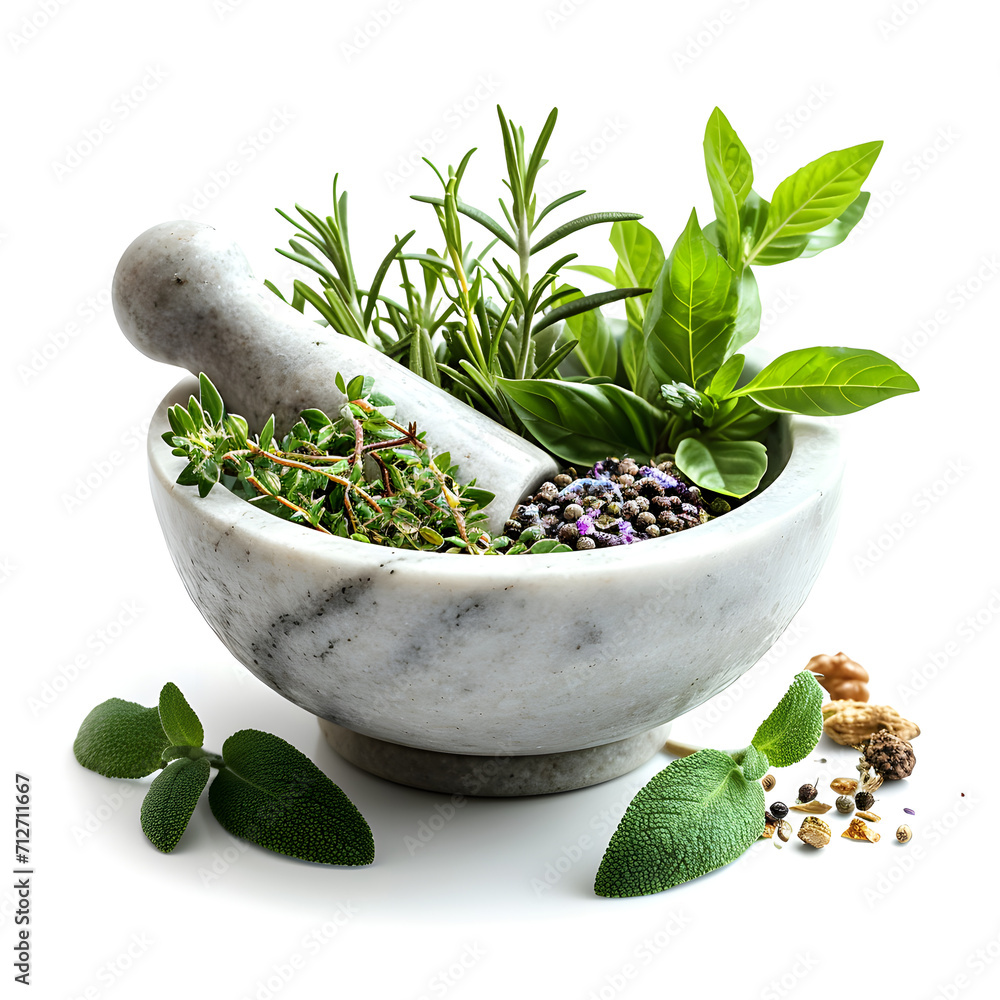 Fresh herbs in a mortar and pestle isolated on white background, pop-art, png
