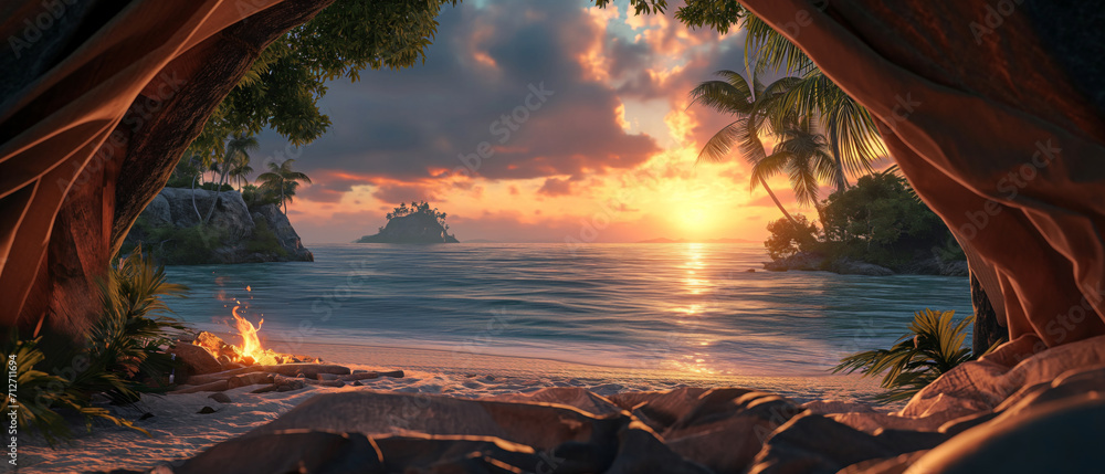 From inside an open tent on a beach, pearl white sand, view of the sea and small islands, campfire burning, palm trees in the distance during sunset. Concept of tropical background for summer vacation - obrazy, fototapety, plakaty 