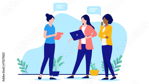 Team of only women talking - Group of female characters in office having conversation and dialogue with standing with speech bubbles. Flat design vector illustration on white background