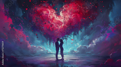 A mesmerizing scene unfolds as two anime characters pause in awe, captivated by the vibrant magenta heart-shaped cloud floating above the lush, natural landscape, a perfect fusion of art and nature photo