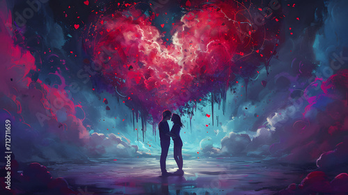 A mesmerizing scene unfolds as two anime characters pause in awe, captivated by the vibrant magenta heart-shaped cloud floating above the lush, natural landscape, a perfect fusion of art and nature